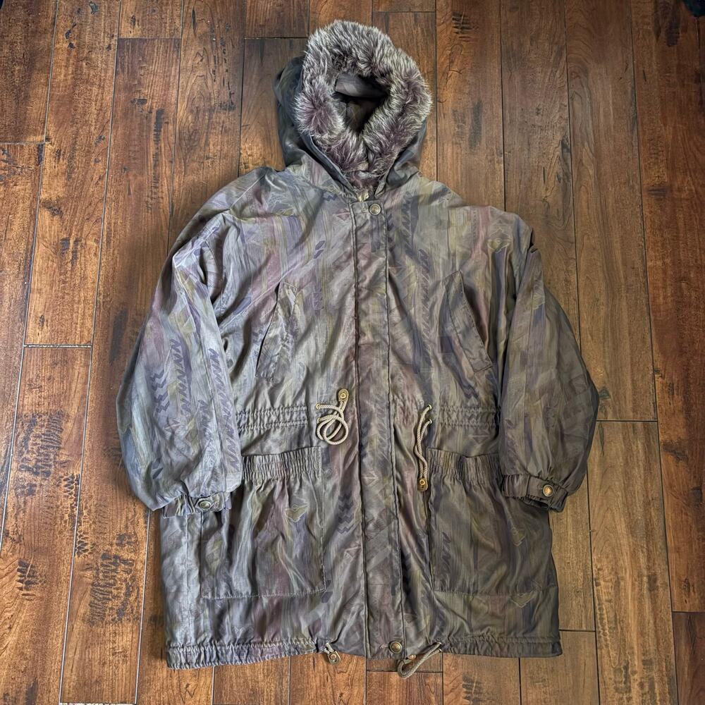 Vintage John Weitz Parka Jacket Mens M Brown Camoflauge Genuine Fox Fur 90s